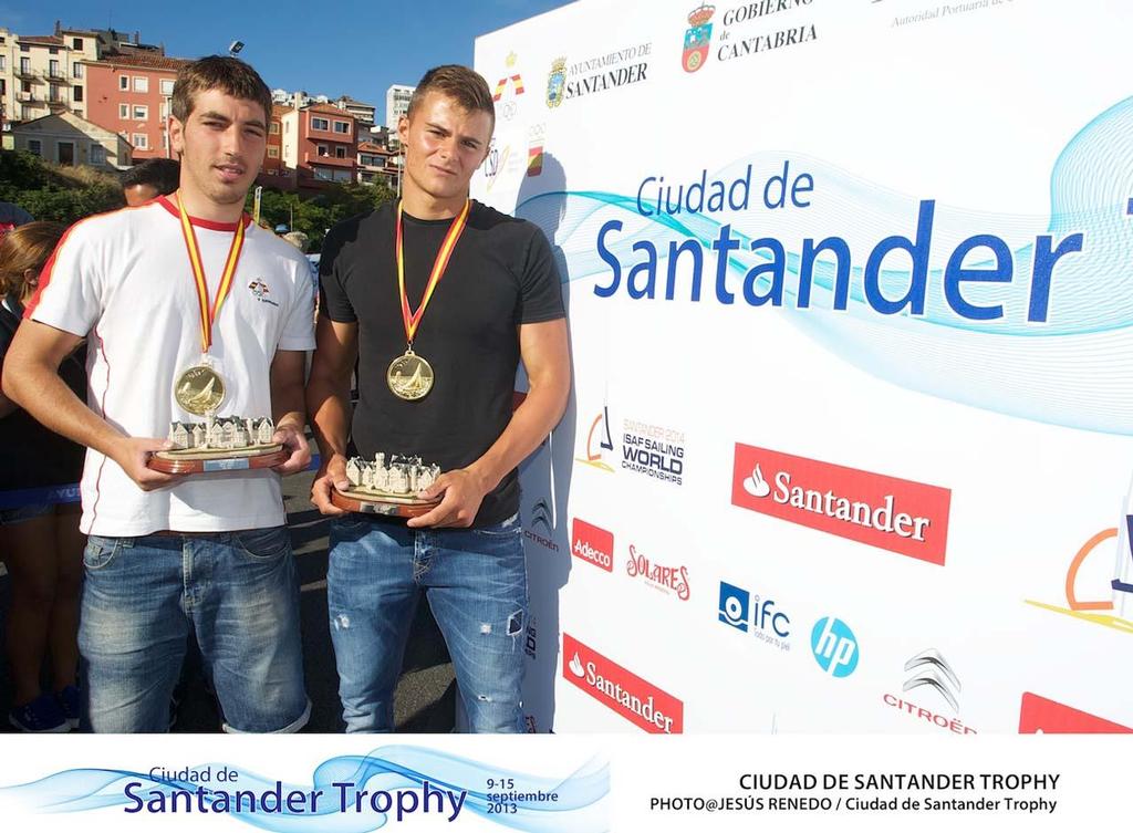 CIUDAD DE SANTANDER Trophy, Isaf sailing World Championships test event. Prize giving - 49er ESP-900 Diego Botin Pablo Turrado © Jesus Renedo/ Santander City Trophy http://www.santander2014.com/